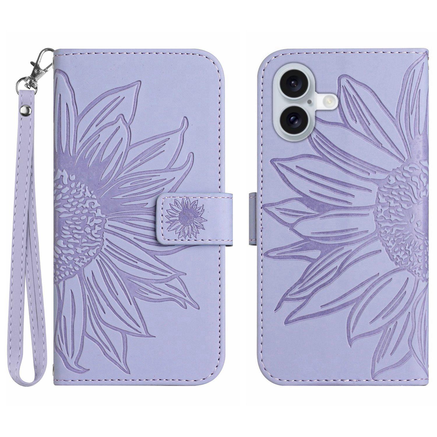 

HT04 For iPhone 16 Plus Wallet Case Sunflower Leather Flip Phone Cover with Hand Strap Light Purple