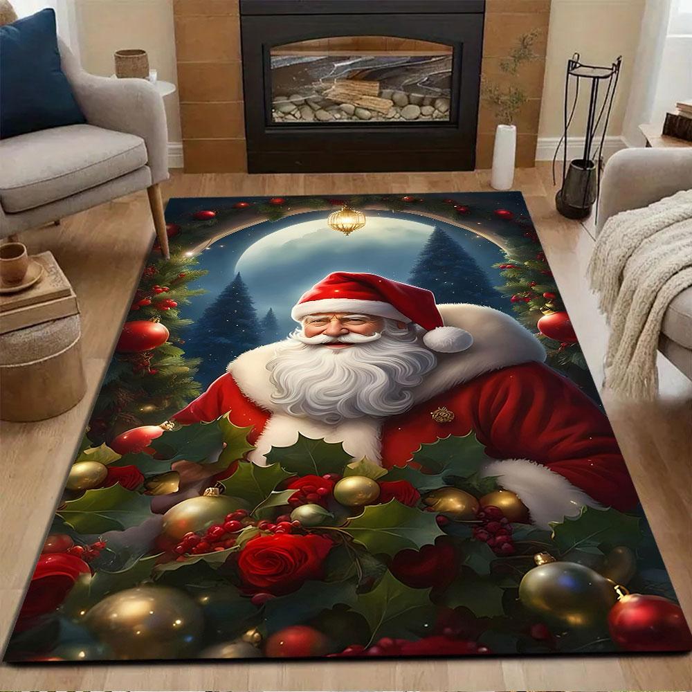 Santa Claus with Holly and Christmas Ornaments Patterned Carpet, Non Slip Mat Suitable for Living Room and Bedroom Sofas