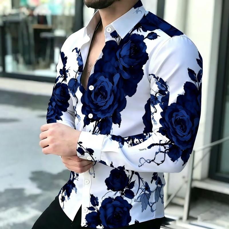 Men's Shirt Personalized Printed Long Sleeve Shirt Black Brown Contrasting Design Sense Shirt Street Trendy Men's Wear