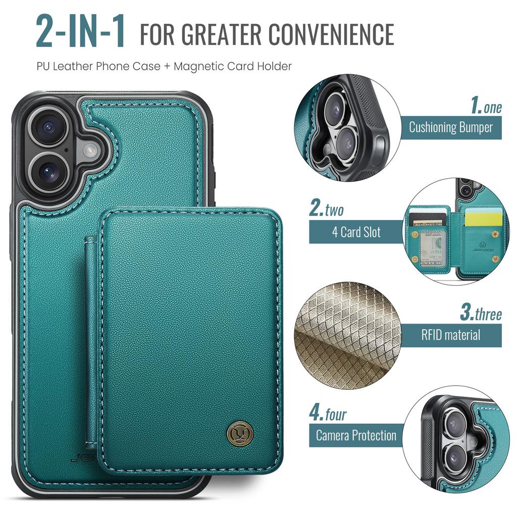 JEEHOOD J05 For iPhone 16 Case Leather Mobile Cover with Detachable Magnetic Card Bag