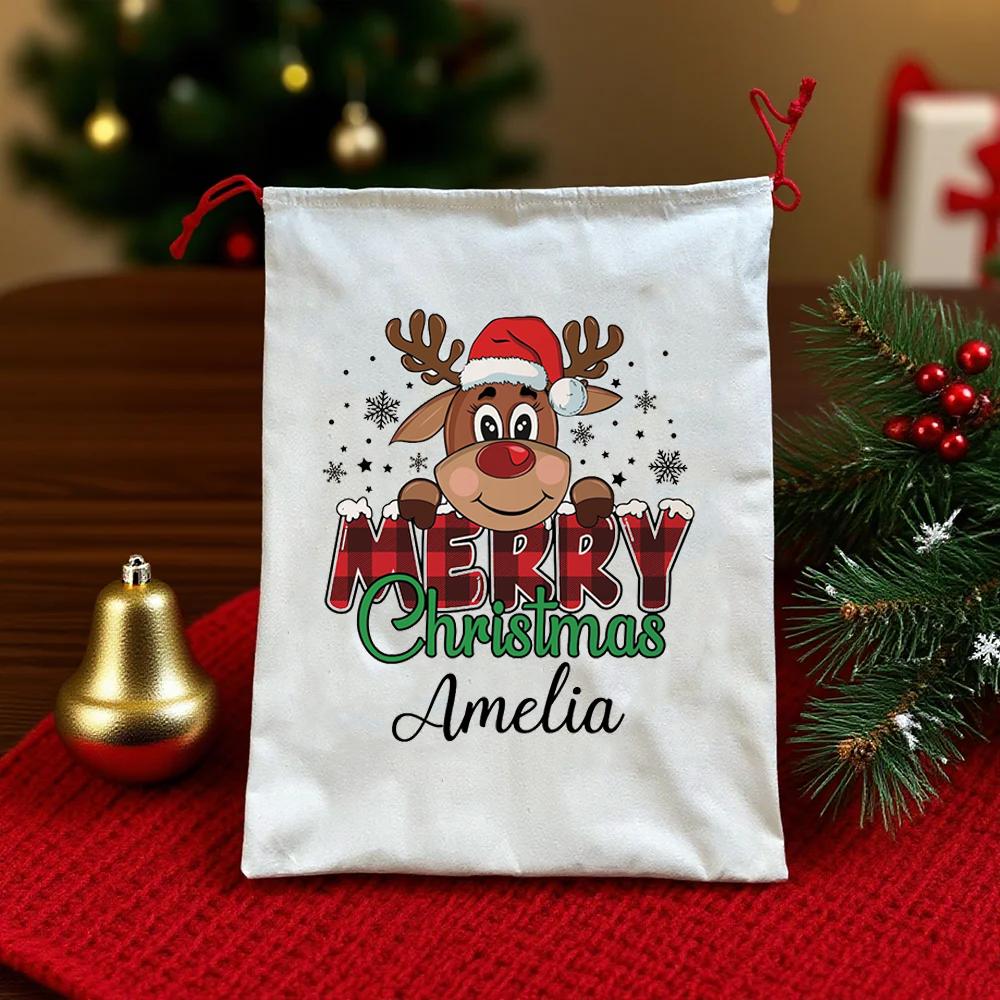 Custom Deer Christmas Bag Holiday Santa Sack Merry Xmas Eve Party Decor Santa Bag Drawstring Bags Party Decor Christmas Stocking