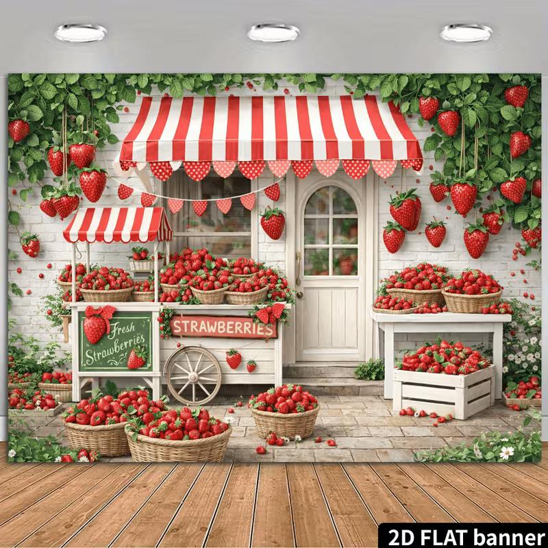 2D Cute Strawberry Market Backdrop, Fresh Fruit Storefront Wall Decor for Home