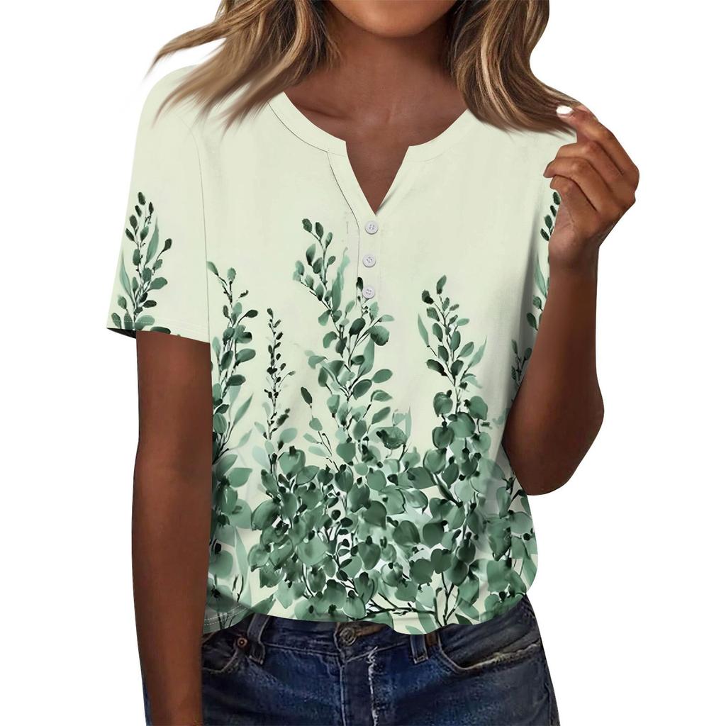 Women's Fashion Casual Hem Split Floral Print Short Sleeve Top