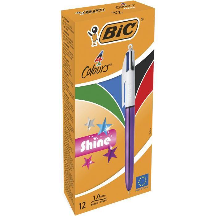 Kuličkové pero - BIC - 4 Couleurs Shine - Střední hrot 1,0 mm - Metalické fialové tělo - Krabička 12 kusů