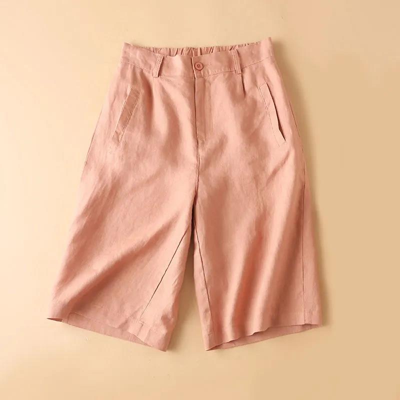 Women's Cotton Linen High Waist Wide-Leg Shorts - Summer Semi-Elastic Casual Five-Point Pants