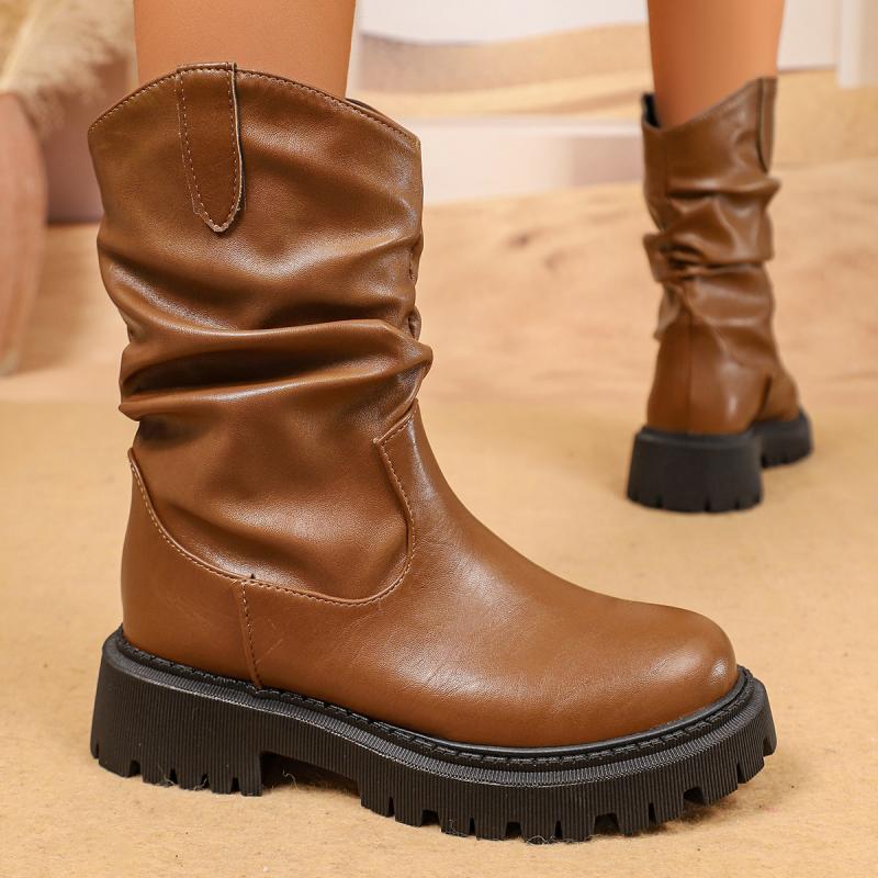 Fashion Bohemia Brown Pu Ankle Boots Women 2025 Autumn Thick Bottom Medium Heel Wrinkled Western Boots Sexy Metal Decoration Booties