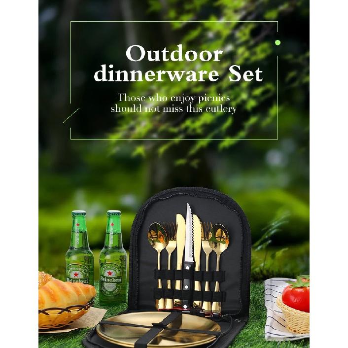 10Pcs Camping Tableware Set 304 Stainless Steel Picnic Cutlery Set With Tableware Storage Bag Portable Picnic Set Camping Dishes
