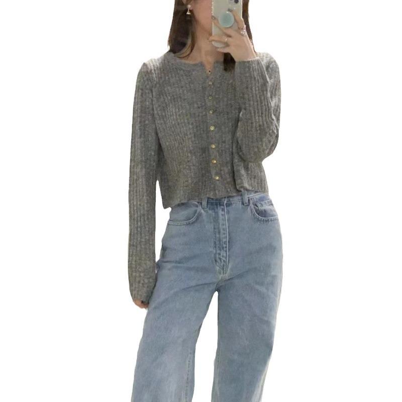 Gentle and lazy wind soft waxy crew neck knitted cardigan top women's autumn and winter new thin bottom sweater