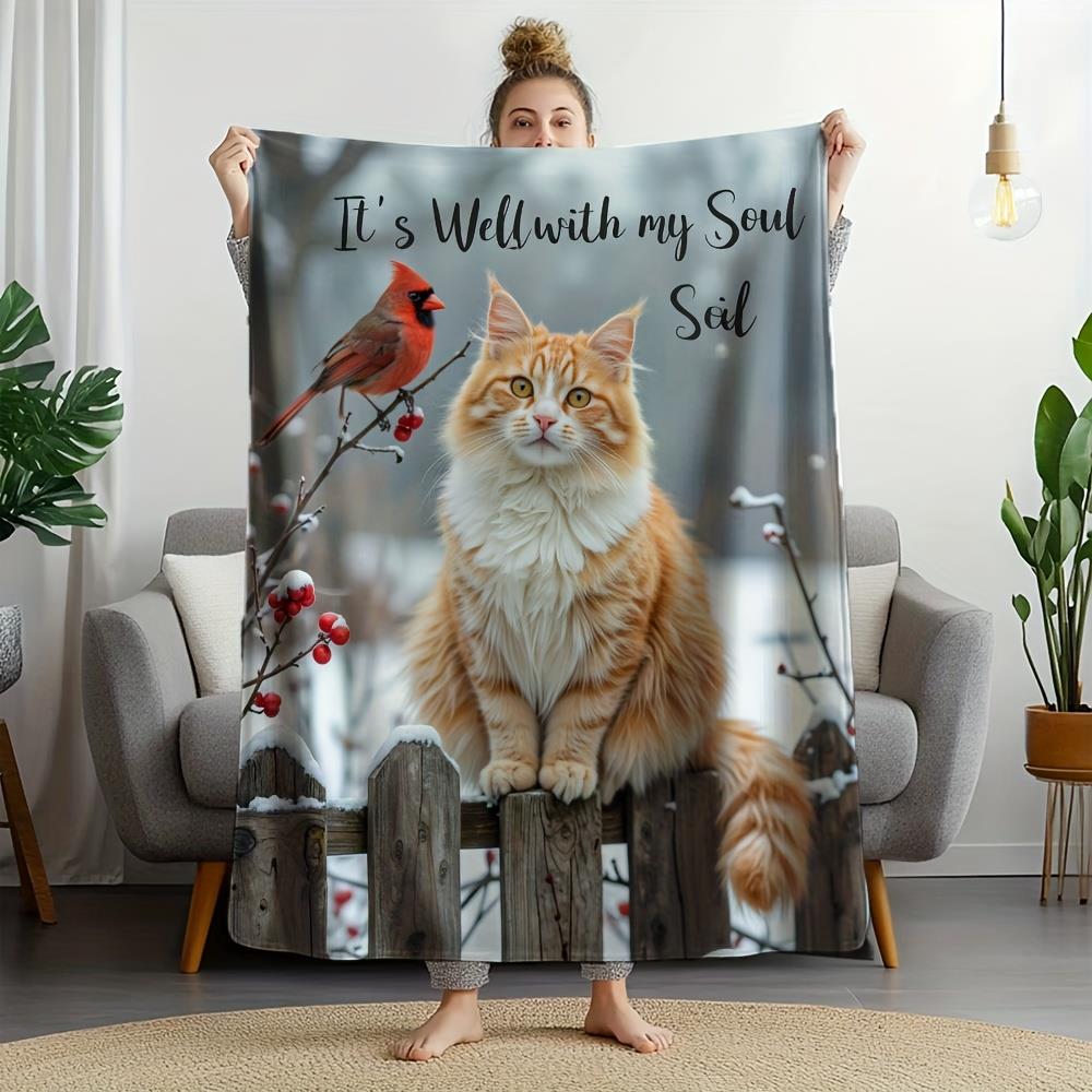 

Cozy Christmas Blanket, Ginger Tabby Cat and Cardinal Design, Soft Flannel Throw for Sofa Bed, Vintage Gift for Cat Lovers 75x90cm