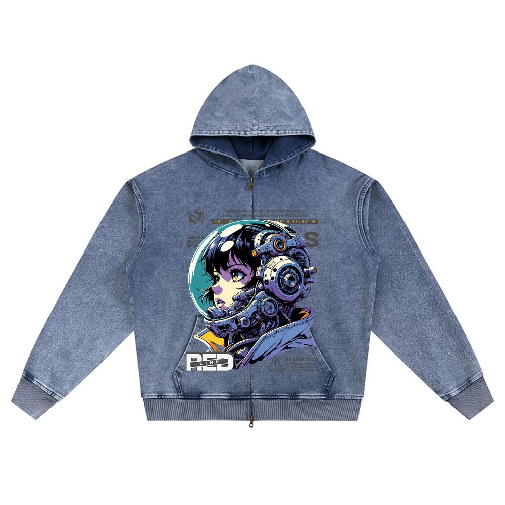 DTG Print Knitted Denim Zip-Up Hoodie Cartoon Graphic Brother Print Zipper Hoodies  