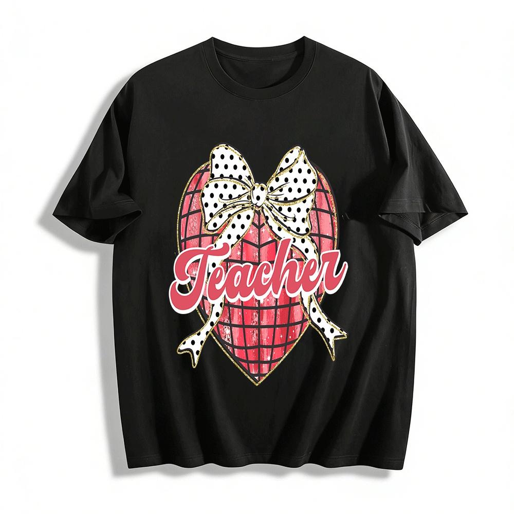 Vintage Heart Bow Teacher Themed Print Casual Top Pure cotton T-shirt XXS