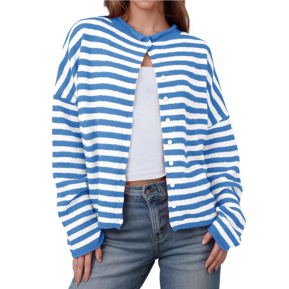 Autumn and Winter Long Sleeved Casual Cardigan Striped Contrasting Sweaters