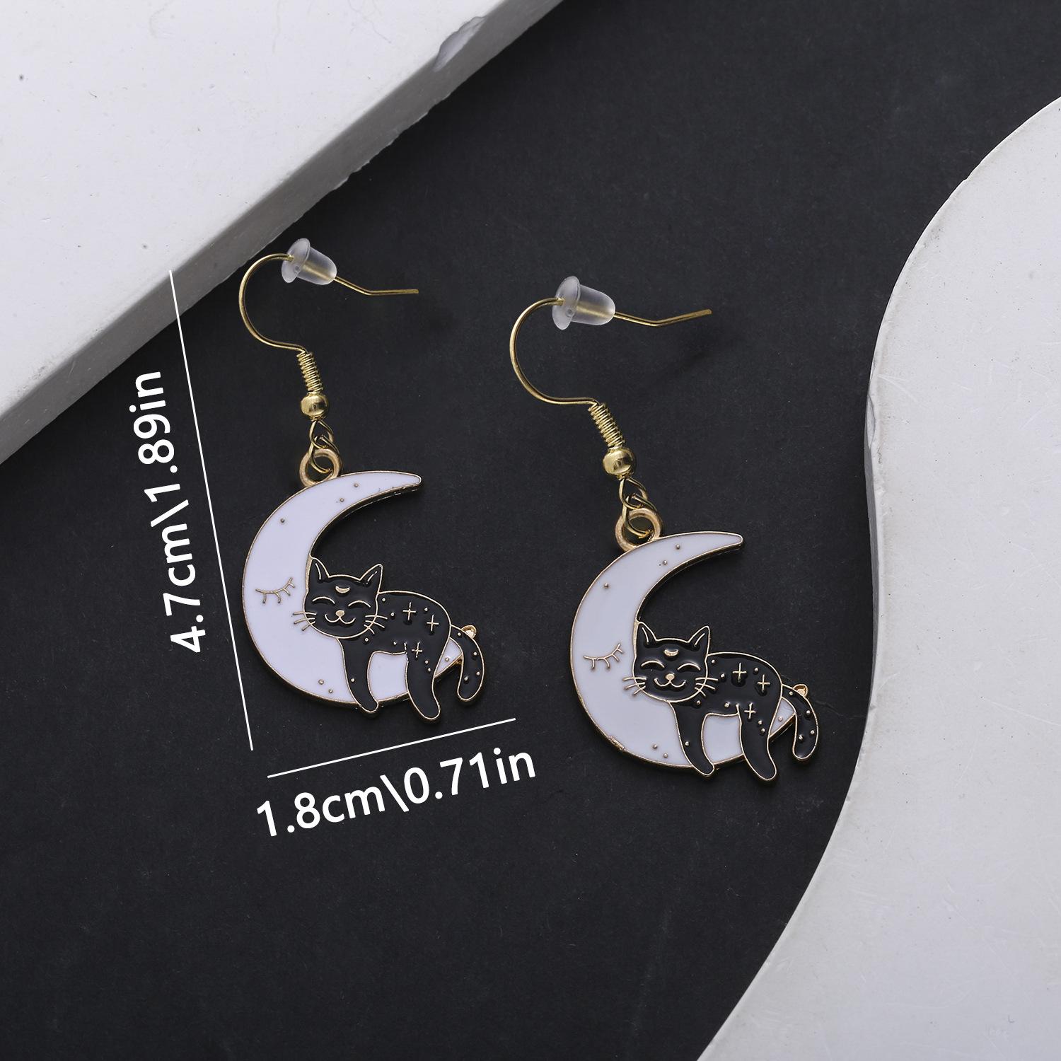 Cartoon Drip Oil Cute Moon Black Cat Earrings
