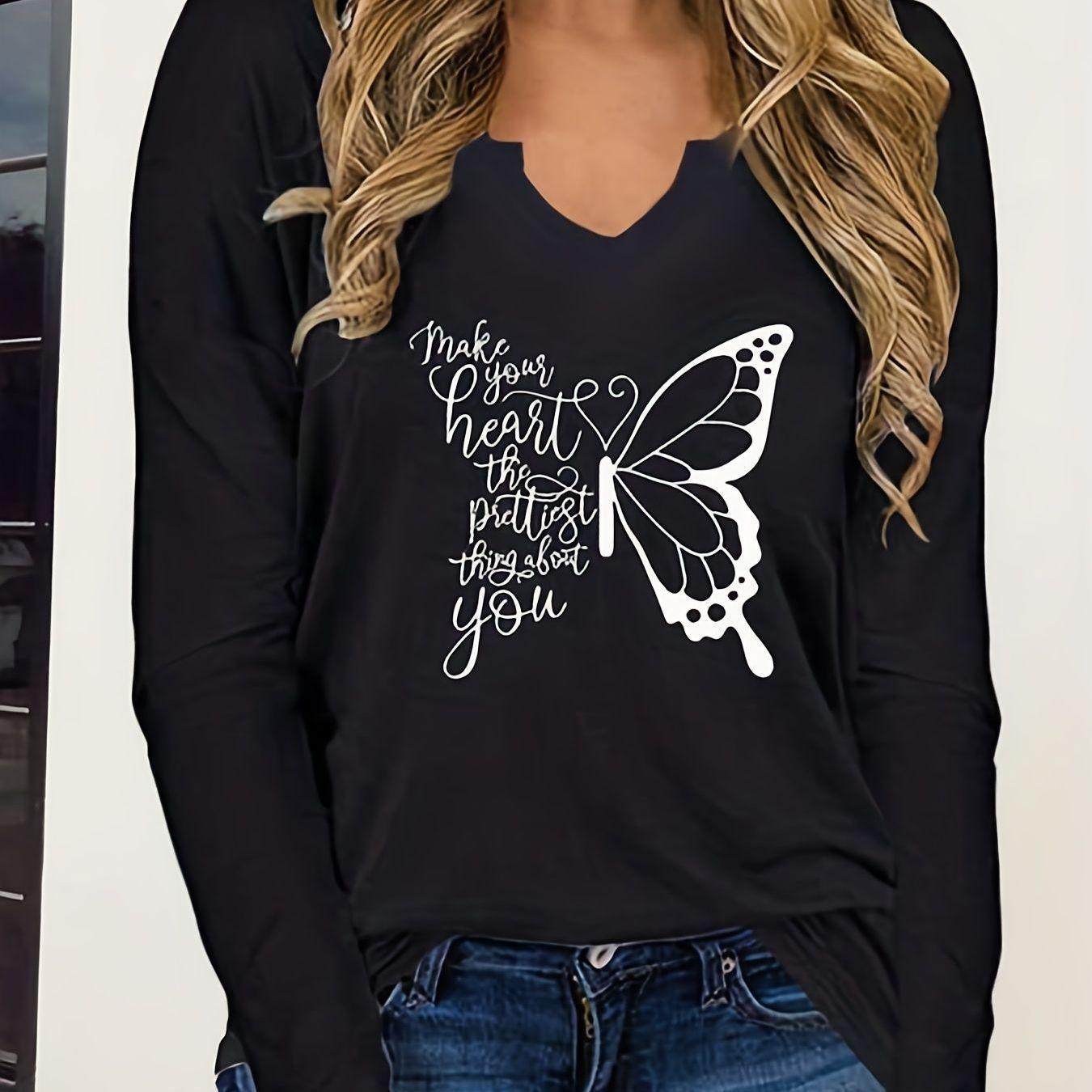 Plus Size Women s Butterfly Print Loose T-Shirt 1XL чёрный