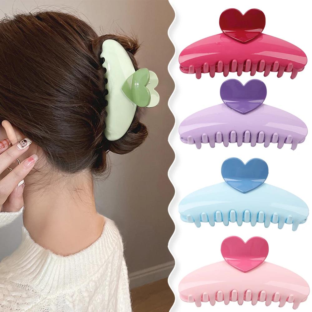 New Candy Color Love Heart 5.11" Big Size Hair Claw Clips for Women Girls Elegant Geometric Plastic Spring Summer Headwear Gift