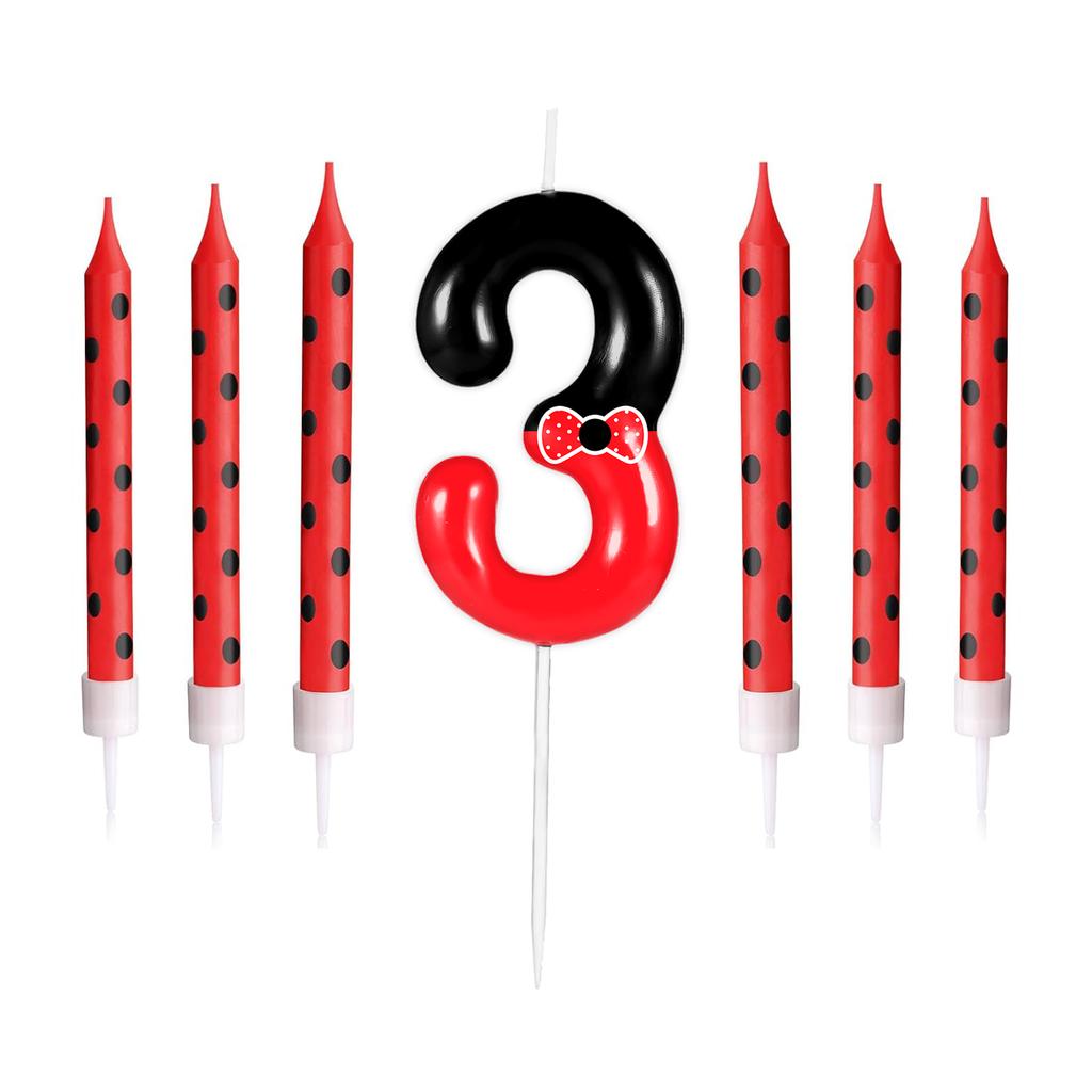7pcs Black Red Bow Birthday Candles for Boys Girls, Red Mouse Number 0-9 Cartoon Themed Birthday Party Cake Decorations Supplies