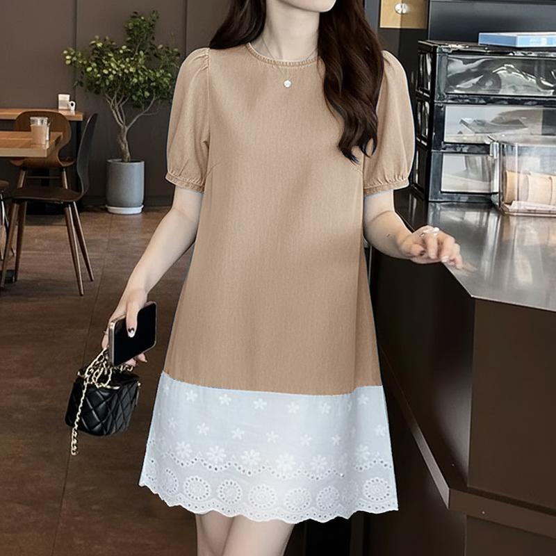 ZANZEA Women Casual Round Neck Lace Splice Hen Summer Short Sleeve Dress