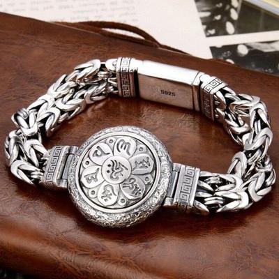 RetroSen Neues silbernes Herren-Armband mit Vintage-Friedensmuster und Mantra-Persönlichkeit mit sechs Zeichen, drehbares, verheißungsvolles Wolken-Plattenspieler-Armband