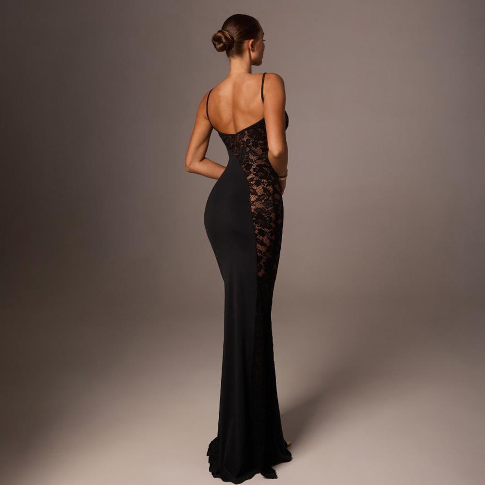 2026 Spring Elegant Lace Low-cut Sexy See-through Spaghetti Strap Dress for Women