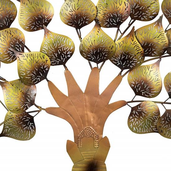 Metalen handgemaakte gouden boom muur hangende kunst decor accent sculptuur met Boeddha zittende boom