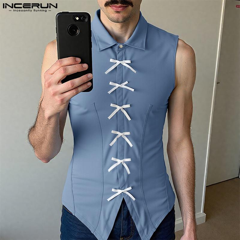 INCERUN Men Lapel Neck Sleeveless Button Up Bow Casual Loose Tank Tops