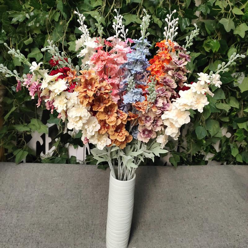 Artificial Larkspur Flocked Stems Double Fork Design Wedding Floral Decor Home Centerpiece Arrangements