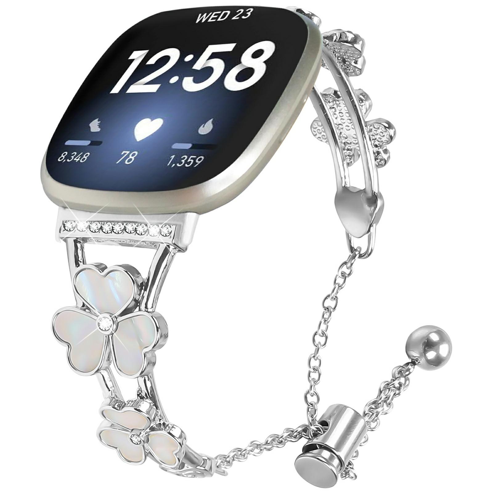 

For Fitbit Versa 3/Sense Watchband Heart Clover Decor Silver Zinc Alloy Metal Strap A