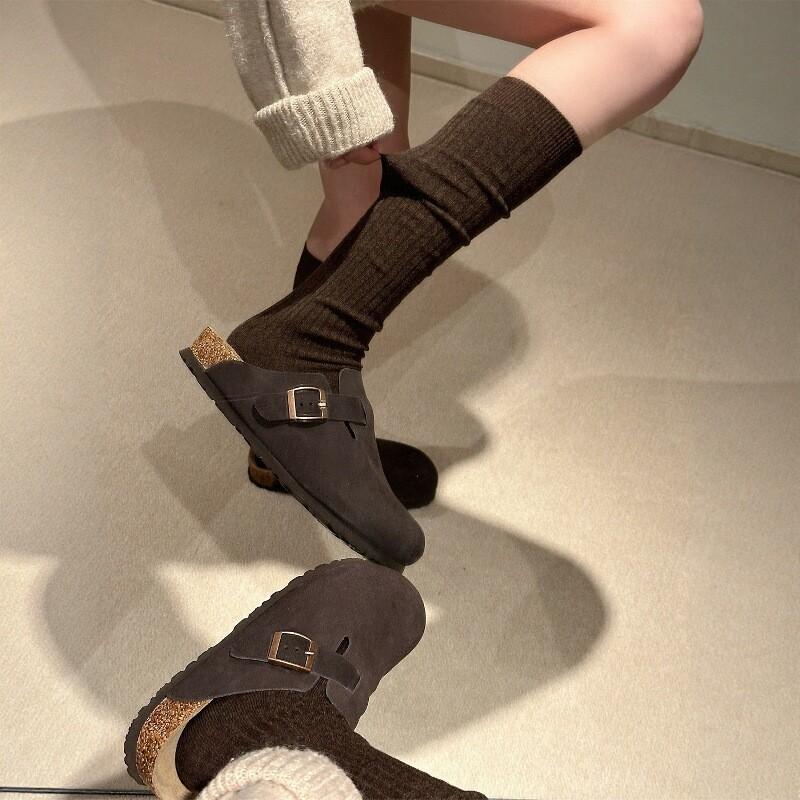 Autumn And Winter Maillard Coffee Calf Socks Women'S Miu Ballet Style Mid-Tube Stacking Socks Vertical Pattern Thin Versatile Cotton Socks