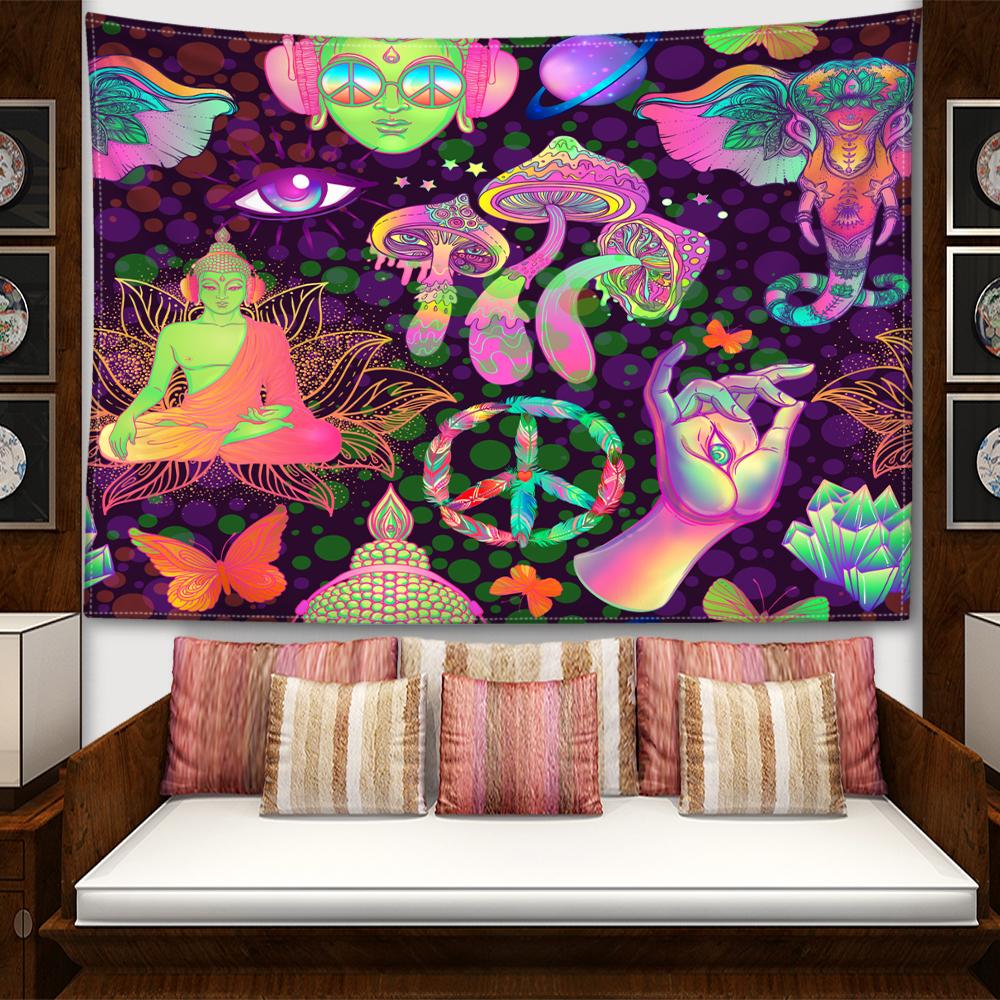 Abstrakte Pilze und Buddha-Statuen Wandteppich Hängen Kunst Hexerei Mysterious Hippie Tapiz Schlafzimmer Wohnkultur