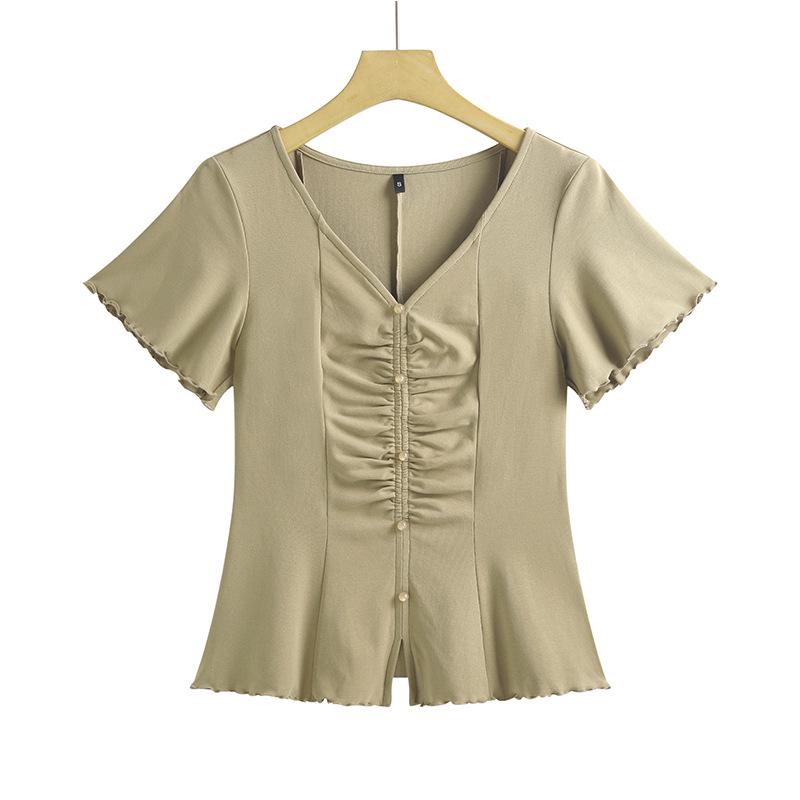 

Spring/Summer 2025 Women s V-neck Short Sleeve T-shirt - Korean Style with Sweet Ruffle Sleeves Small хаки