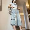 Unisex High Street Cargo Denim Shorts - Summer Loose Fit, Casual Three-Quarter Wide-Leg Pants.