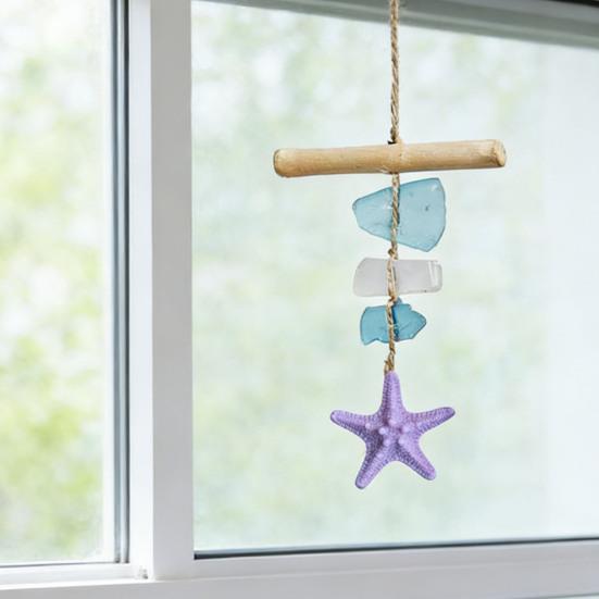 Seaglass Hanging Decoration Handmade Bohemian Coastal Nautical Starfish Sea Glass Art Home Office Beach House Wall Ornament Pendant