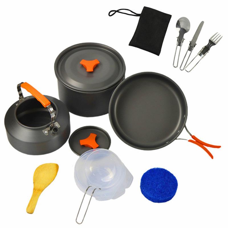 Portable Outdoor Camping Cookware Set Hard Anodized Kettle Pots Frying Pans Tableware for Cooking and Dining