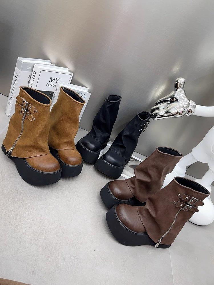 2025 Small Thick-soled Trouser Boots Women's Niche Design Side Zipper Cowhide Version Martin Boots Retro Height-increasing Short Boots