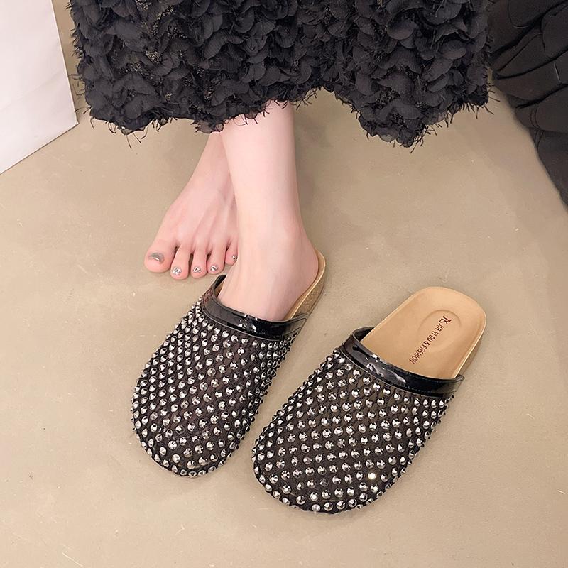 Flat Slippers 2026 Rhinestone Fashion Cutout New European and American Mesh Breathable Baotou Sandals Spring and Summer 35