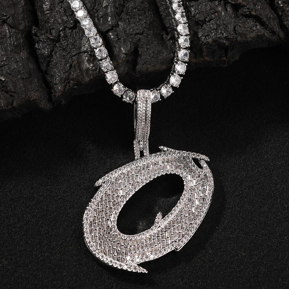 Copper Micro Pave Zircon Baguette Thorn Single Letter Pendant Necklace,Minimal Hip Hop Choker,Trendy Street Bling Clavicle Chain Jewelry for Men Women