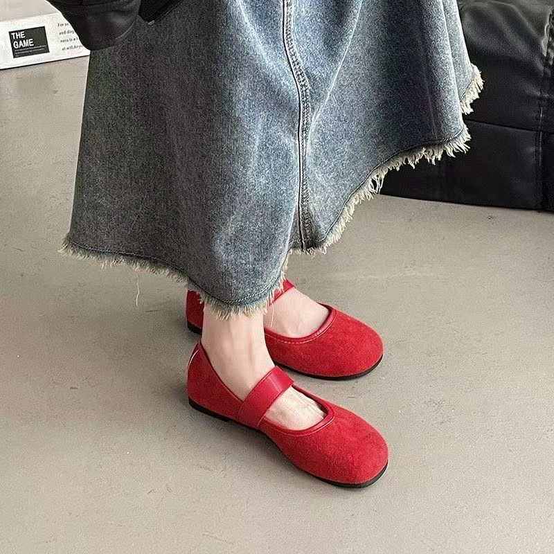 Retro gentle fairy style casual soft flat Mary Jane shoes suede red light mouth single shoes women 2025 new