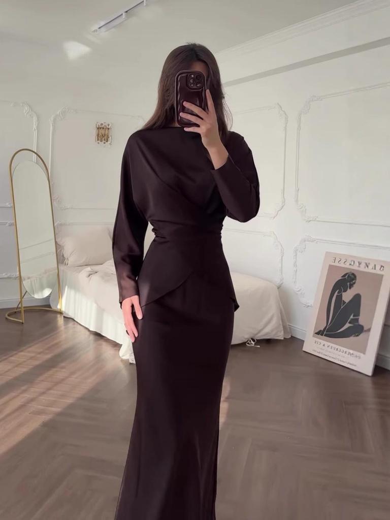 Damen Casual Mode Langarm Taillenbetonendes Oberteil & Fishtail Rock Set - Einfarbige
