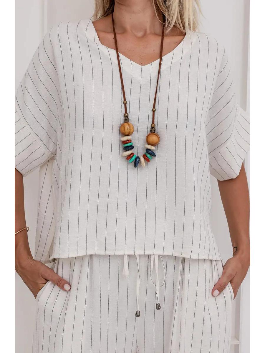 

Женский полосатый ретро повседневный летний комплект из двух предметов 2025 Small белый