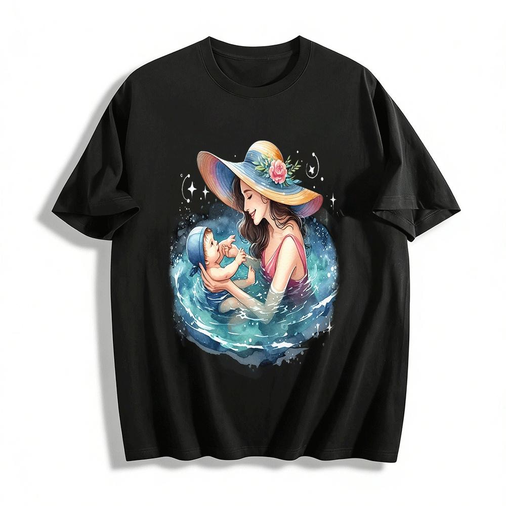 Warm Parent-child Water Play Printed Adult T-shirt Pure cotton T-shirt XXS