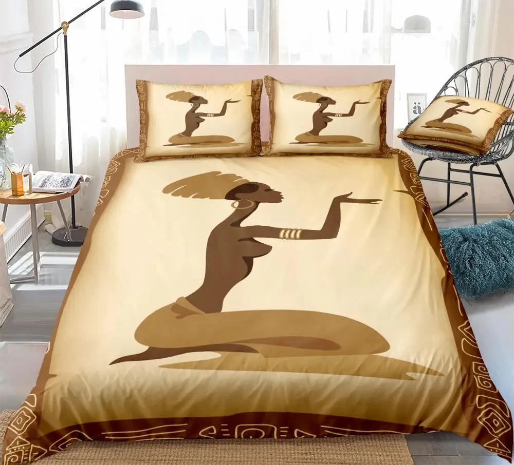 African Woman King Queen Duvet Cover Retro Exotic Tribal Black Girl Pattern Bedding Set Africa Polyester Quilt Cover Pillowcase