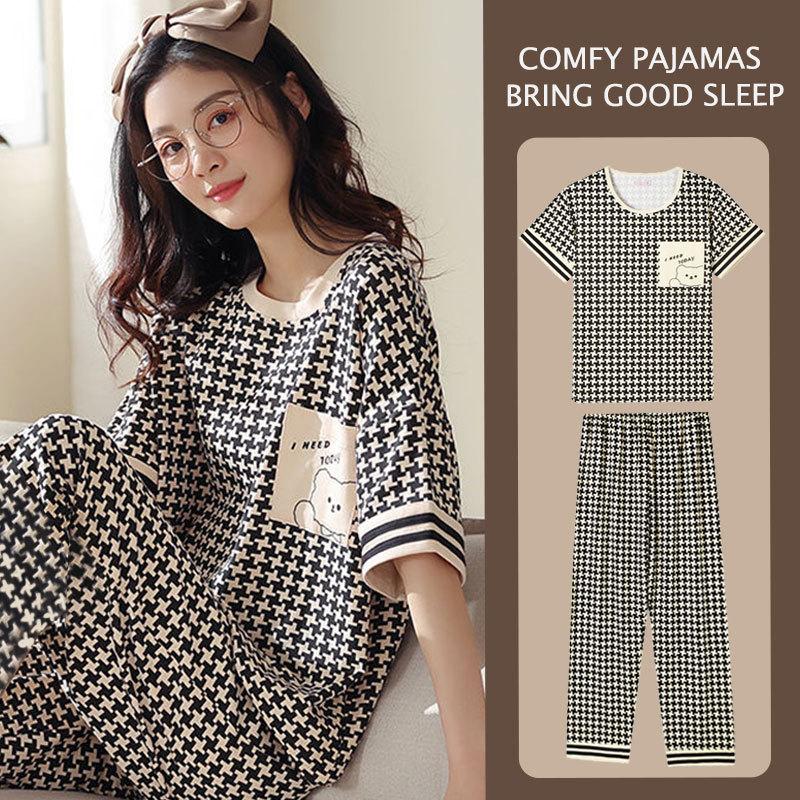 Year's three-piece pajamas women's summer new fine imitation cotton round neck short-sleeved high-end loungewear set spring and autumn