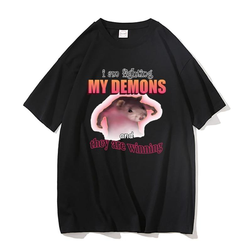 

Funny I Am Fighting My Demons and They Are Winning T Shirts Women Casual Loose Tshirt Cute Kawaii Mouse Meme Graphic Tshirt Y2K S