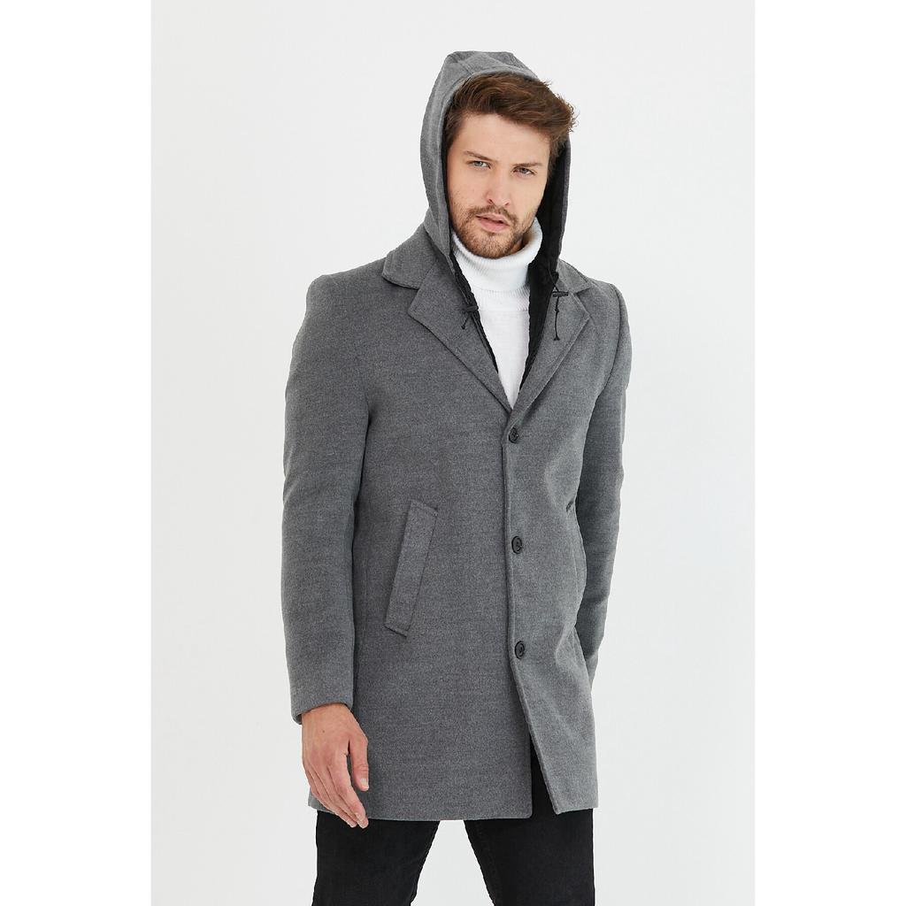 Schwarzer langer Herrenmantel aus Wollmischung und Kaschmir mit Kapuze, Reißverschluss und Knöpfen auf der Vorderseite