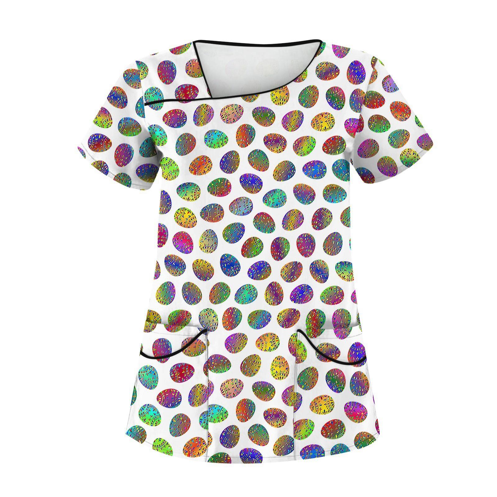 

Женская модная полосатая градиентная рабочая одежда с пасхальным принтом и короткими рукавами с двойными карманами XL белый