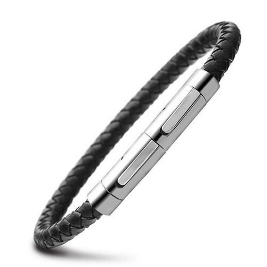 Men s Adjustable Double Buckle Cowhide Leather Woven Bracelet чёрный