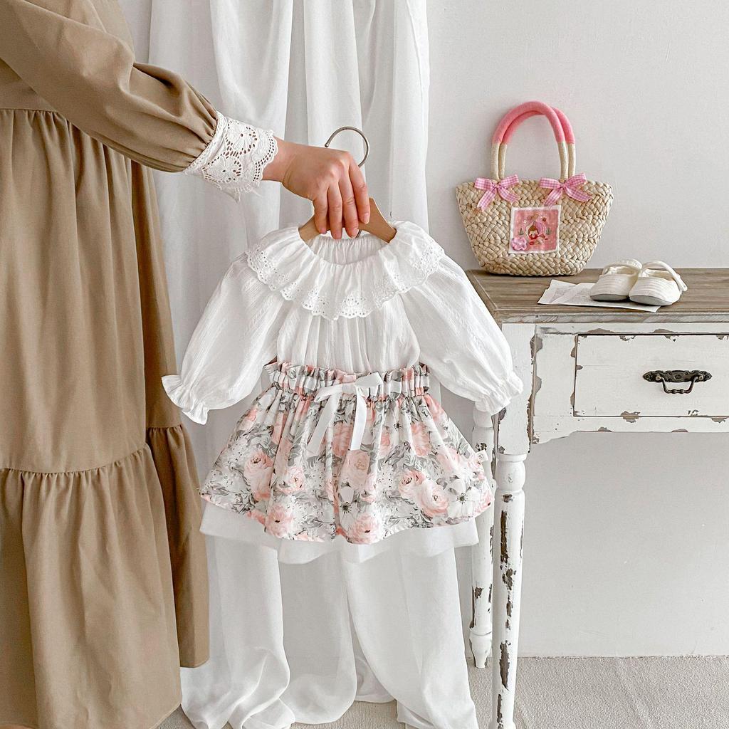 Girls' 2025 Spring Babydoll Top & Floral Skirt Set - Fresh Two-Piece Children's Dress