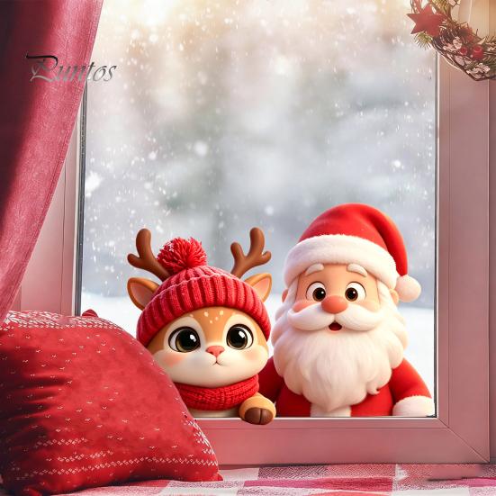 Seasonal Glass Door Decor Santa Claus Reindeer Window Cling, Christmas Static Sticker Holiday Decals for Party, Removable Reusable Decoration