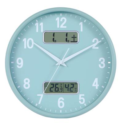 Nbdeal Wall Clock Quiet Continuous Second Hand Analog Calendar Temperature Humidity Display Diameter 32cm Light Green LCD-5578