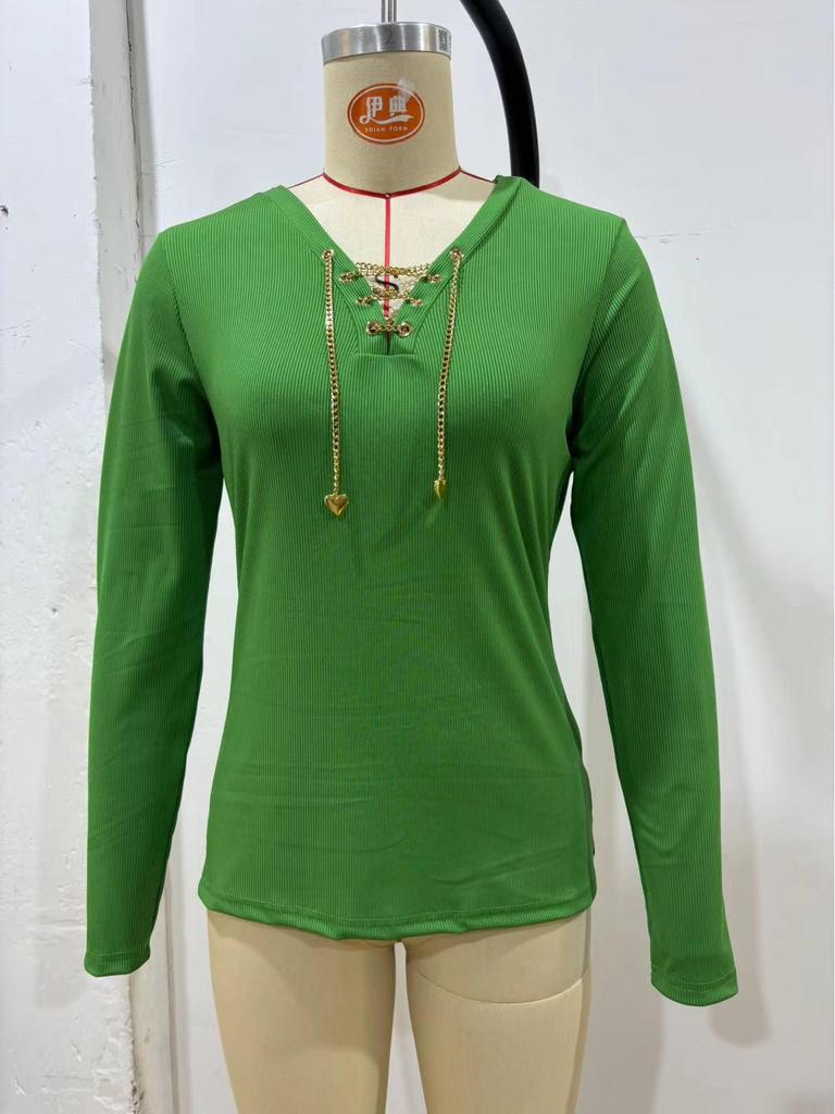 European Slim V-neck Chain Long Sleeve Women's Top - 2025 Collection